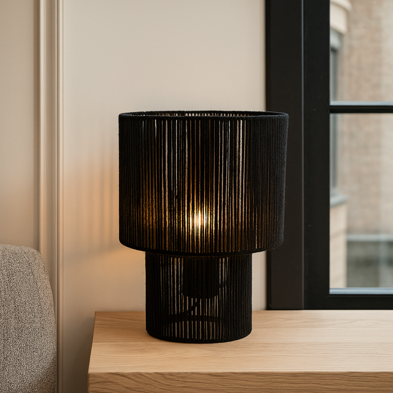 Lampă de masă neagră rustică, Sanny, con întrerupător