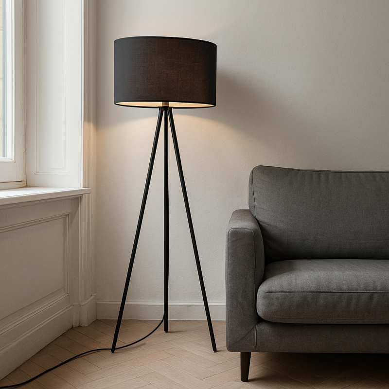 Lampadar din textil negru, Janou, con întrerupător