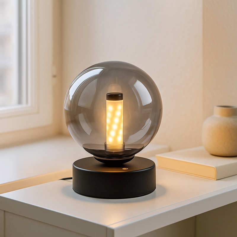 Lampă de masă reîncărcabilă neagră modernă, Theo, 2W, LED 3000K, IP44, dimmabil în 3 trepte