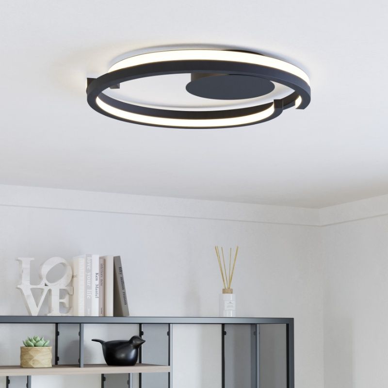 Lampă de tavan neagră din plastic, Madhvi, 20W, LED reglabil de la alb cald la alb rece, con telecomando
