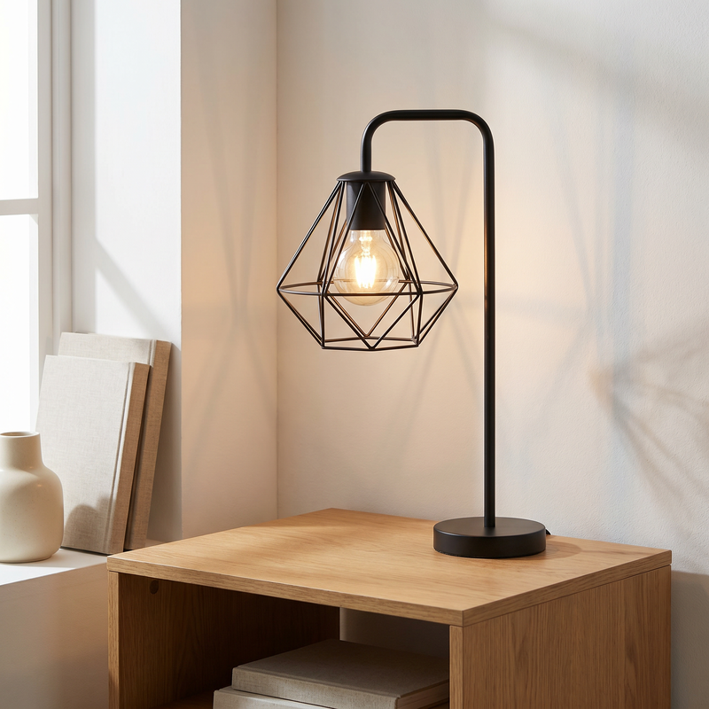 Lampă de masă neagră industrială, Jochem, con întrerupător