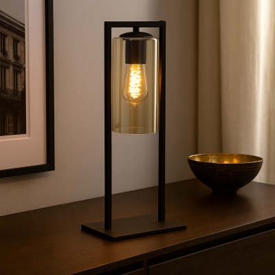 Lampă de masă neagră industrială, Tonia, con întrerupător