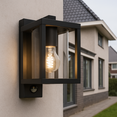 Aplică exterior cu senzor de mișcare neagră modernă, Amalie, IP54