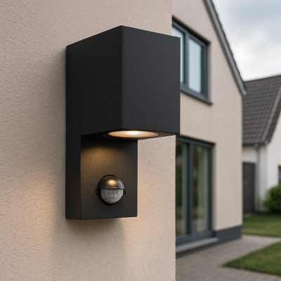 Aplică exterior cu senzor de mișcare neagră modernă, Corella, IP54