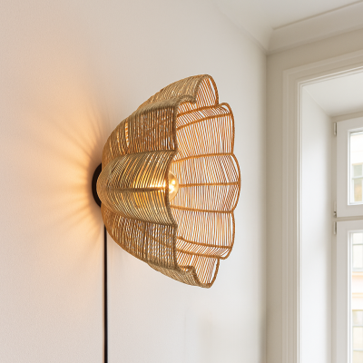 Aplică de perete din ratan maro, Heather, con întrerupător