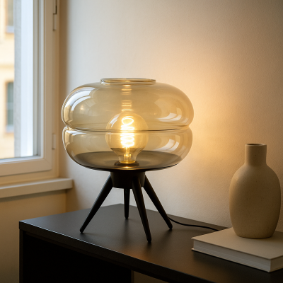 Lampă de masă chihlimbar retro, Sean, con întrerupător