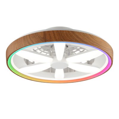 Ventilator de tavan din lemn din plastic, Roos, 48W, LED RGBW, con telecomando