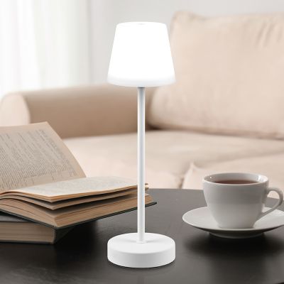 Lampă de masă reîncărcabilă albă din plastic, Suman, 2W, LED reglabil de la alb cald la alb rece, IP44, cu întrerupător tactil