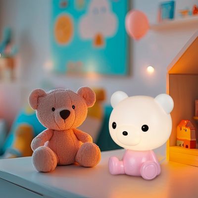 Lampă de masă copii roz din plastic, Lumibear, 0,3W, LED RGB, con întrerupător